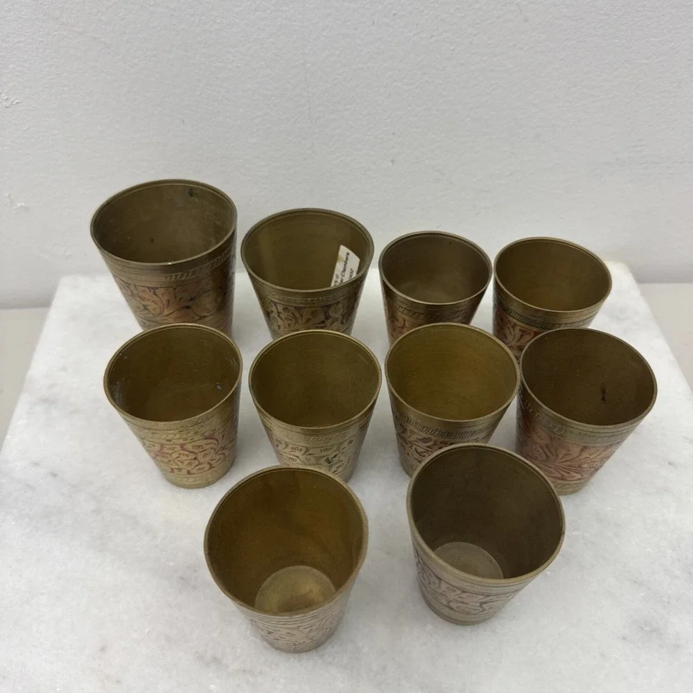 Six Vintage Middle Eastern Engraved Design Metal Chi/Tea Cups